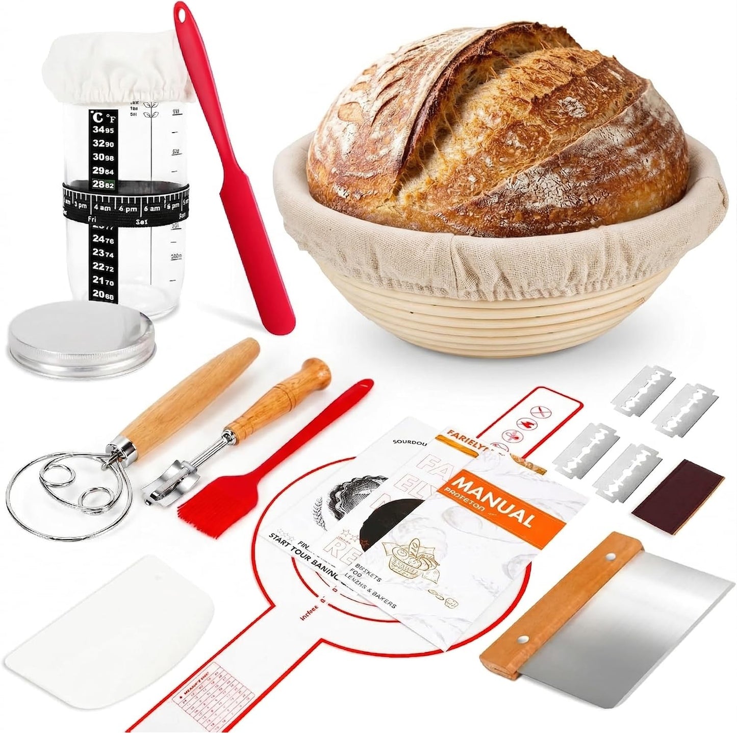 Complete Sourdough Starter Kit, Bread Baking Supplies, 9'' Round Banneton Bread Proofing Basket with Glass Sourdough Starter Jar & Tools, Bakery Accessories for Bread Making Baking Fermentation