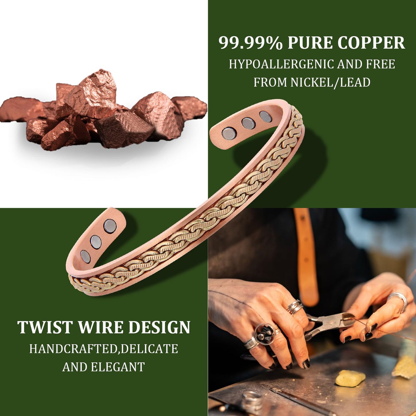 MagEnergy Handcrafted Copper Bracelets for Women, Magnetic Copper Cuff Bracelet with Twisted Wire, Adjustable Bangle & Healthy Jewelry Gift (Chain Weave Inlay)