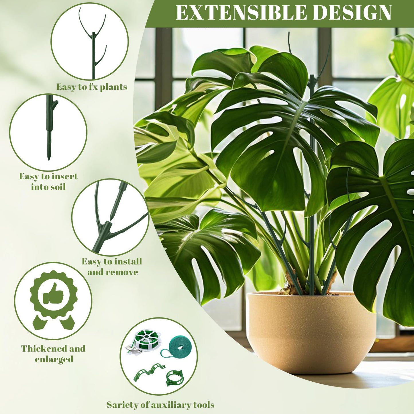 BrightRow 12 Pcs Stackable Plant Support Stakes with 1 Roll 2 M Stickers, 1 Roll 20 Cable Ties, 10 Clips, Stackable Plant Support Stakes for Indoor Outdoor Plants Potted Monstera Climbing Plants