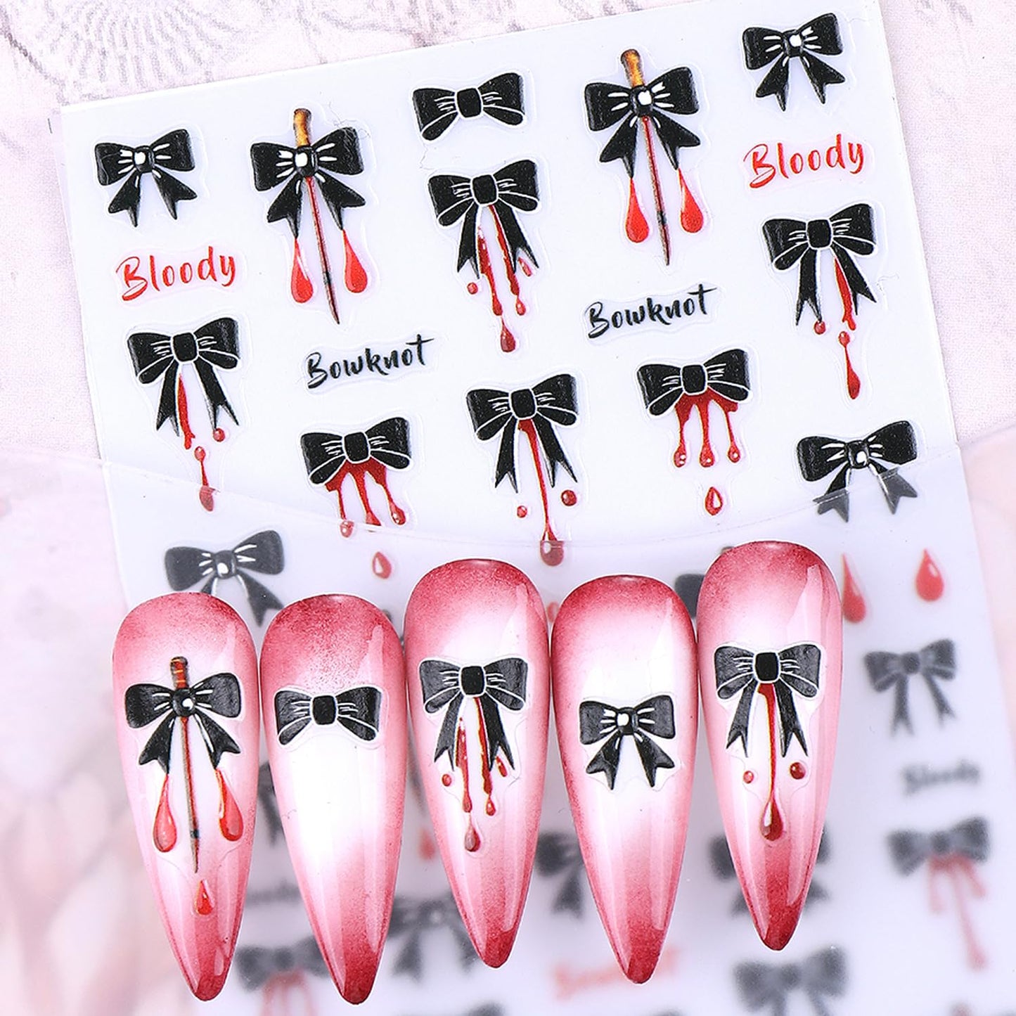 2Sheets Halloween Nail Art Stickers 3D Embossed Black Bow Spider Web Nail Decals with Rhinestones Design Nail Sticker Self Adhesive Bows Blood Drop Textured Nail Decal for Women DIY Nails Decor Supply
