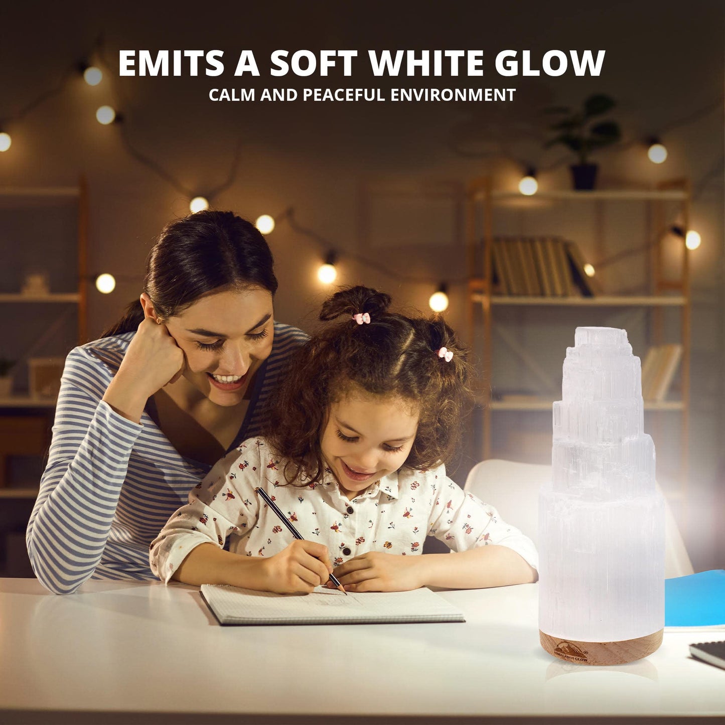 Himalayan Glow Selenite Crystal Lamp 20cm, Hand Curved Morocco |Skyscraper| Crystals and Healing Stones,(ETL Certified) with Wooden Base & USB Charging Cable For Healing Cleansing & Meditation