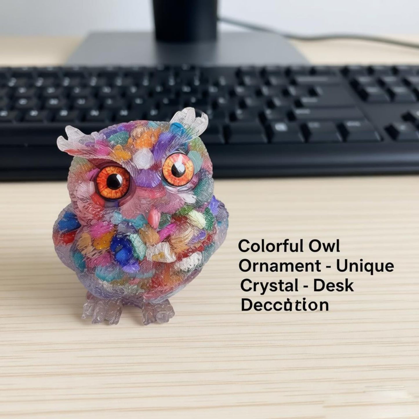 OwMell Owl Statue Tumbled Stone Gemstone Owl Figurine Home Decor Shelf Decor 2.5" - Rainbow