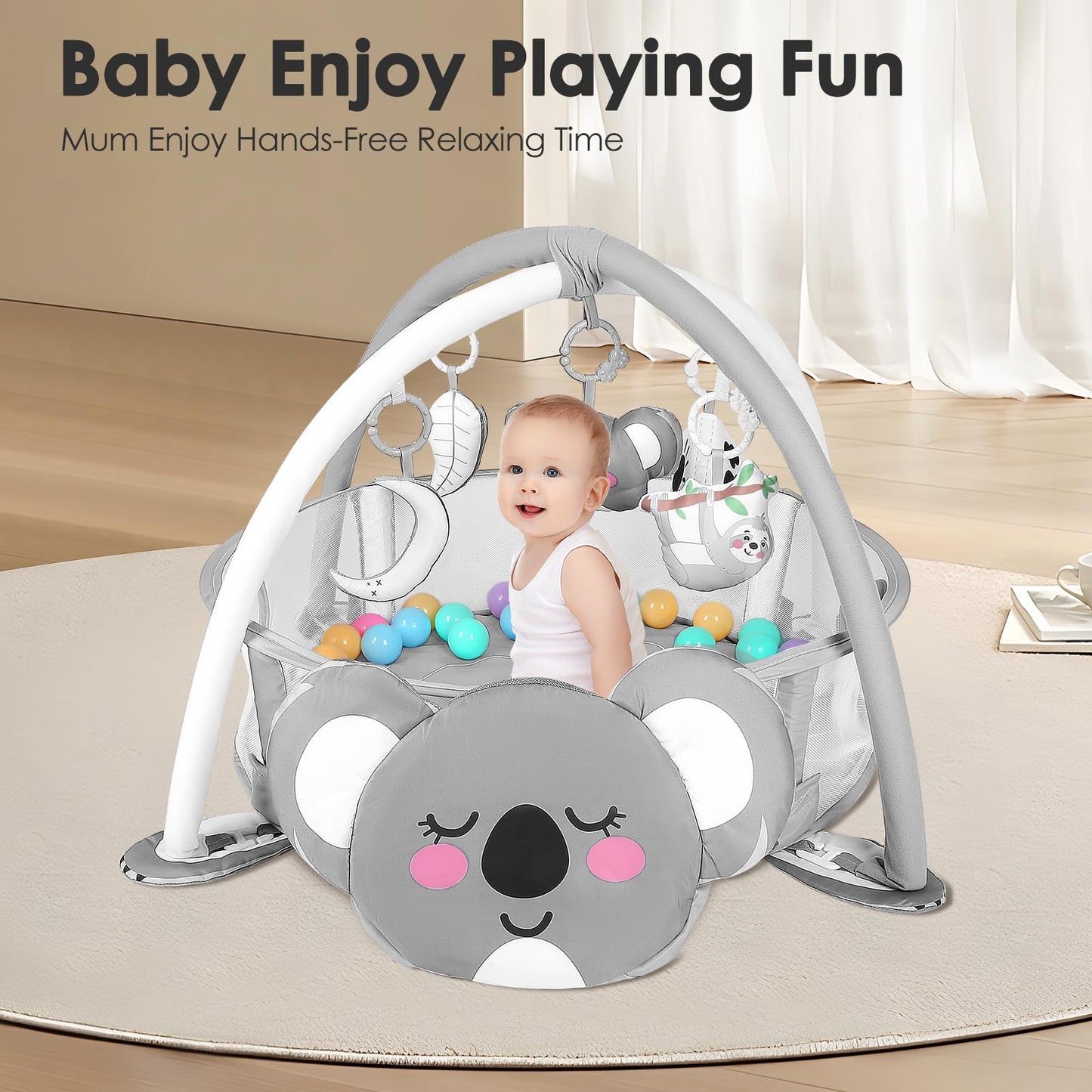 dearlomum 4-in-1 Baby Play Mat Baby Gym, Interactive Including 30 Balls with 5 Learning Toys for Newborn Toddler(Koala)