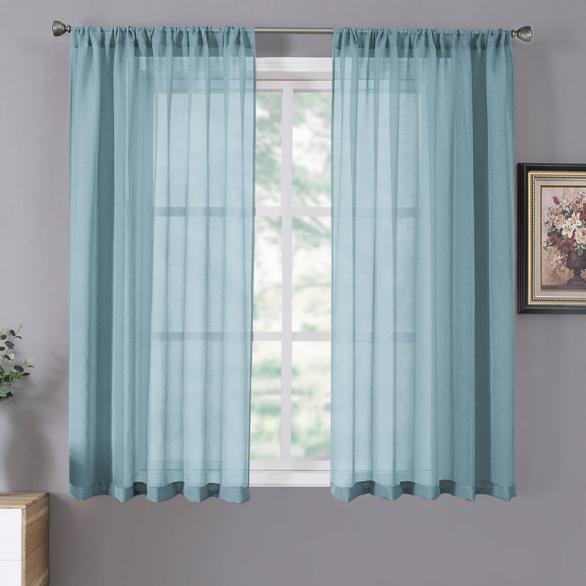 Short Sheer Curtains Linen Textured Bedroom Curtain Sheers Light Filtering Rod Pocket Voile Curtains for Living Room (2 Count)
