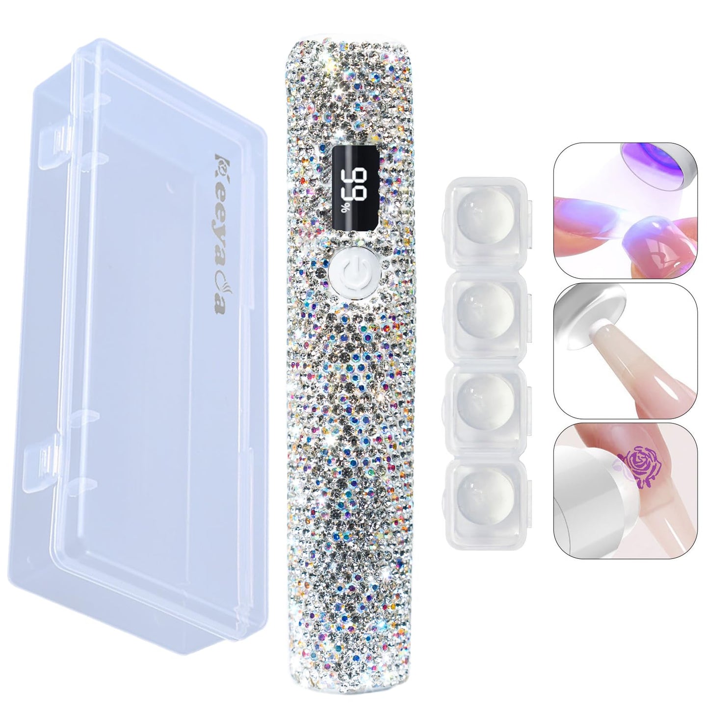keeyada Handheld UV Light with Sparkly Rhinestones, 3W Portable LED Nail Lamp, Wireless Rechargeable USB Nail Dryer with Silicone Stamper Display Screen for Fast Curing Home DIY Manicure White