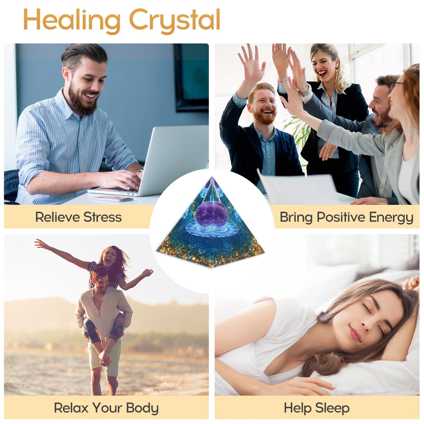 Hopeseed Orgone Pyramid for Positive Energy, Orgonite Natural Amethyst&Aquamarine Healing Crystals Pyramid for Reduce Stress Chakra Reiki Healing Meditation Cleanses the Mind and Boosts Confidence