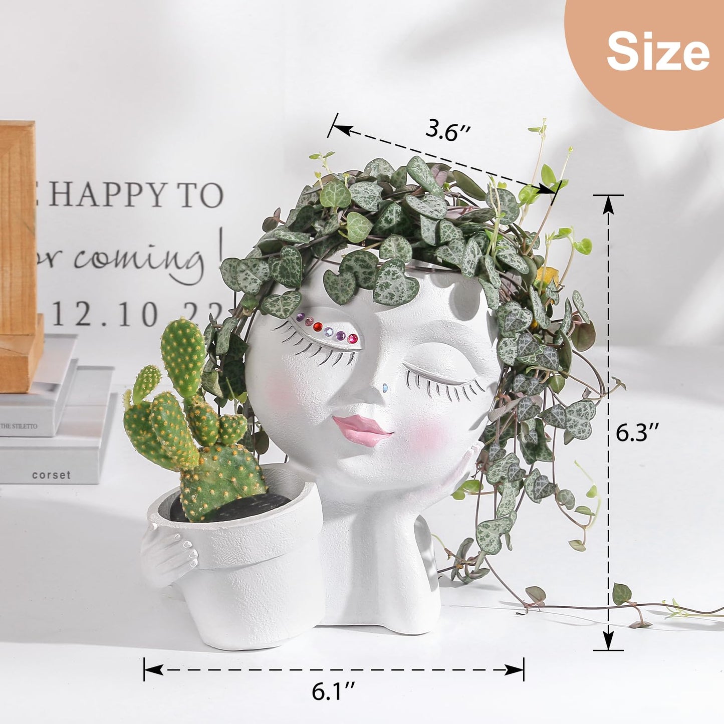 vomiceak Face Planter Pots Head, Planters for Indoor Plants - Double Cute Plant Pots for Flower & Succulent with Drainage Holes - Gift Ideas for Women (White Lady)