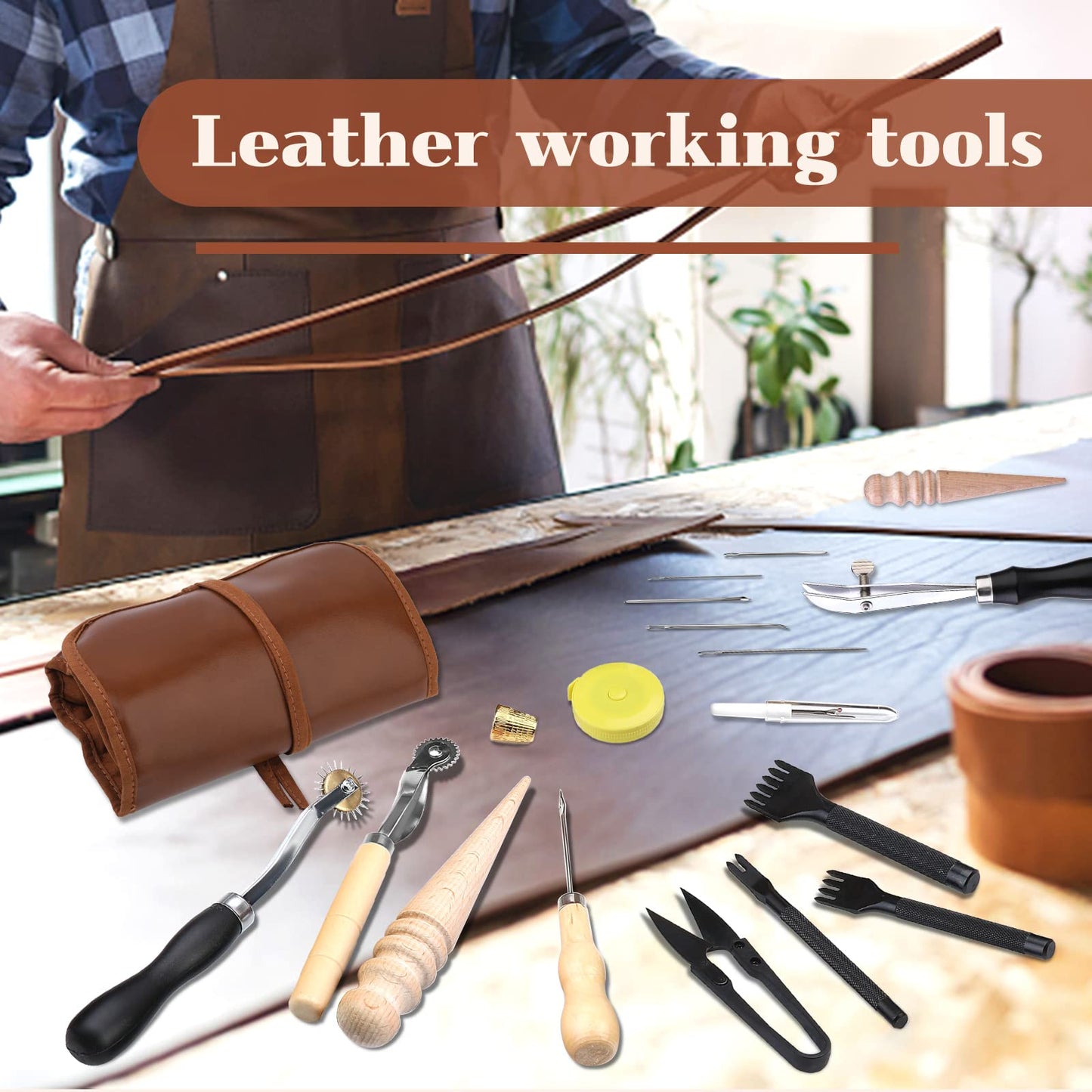 BUTUZE Leather Tooling Kit, Practical Leather Working Tools with Beveler, Groover, Stitching Punch Sewing Thread and Needles - Comes with Roll Bag and Manual