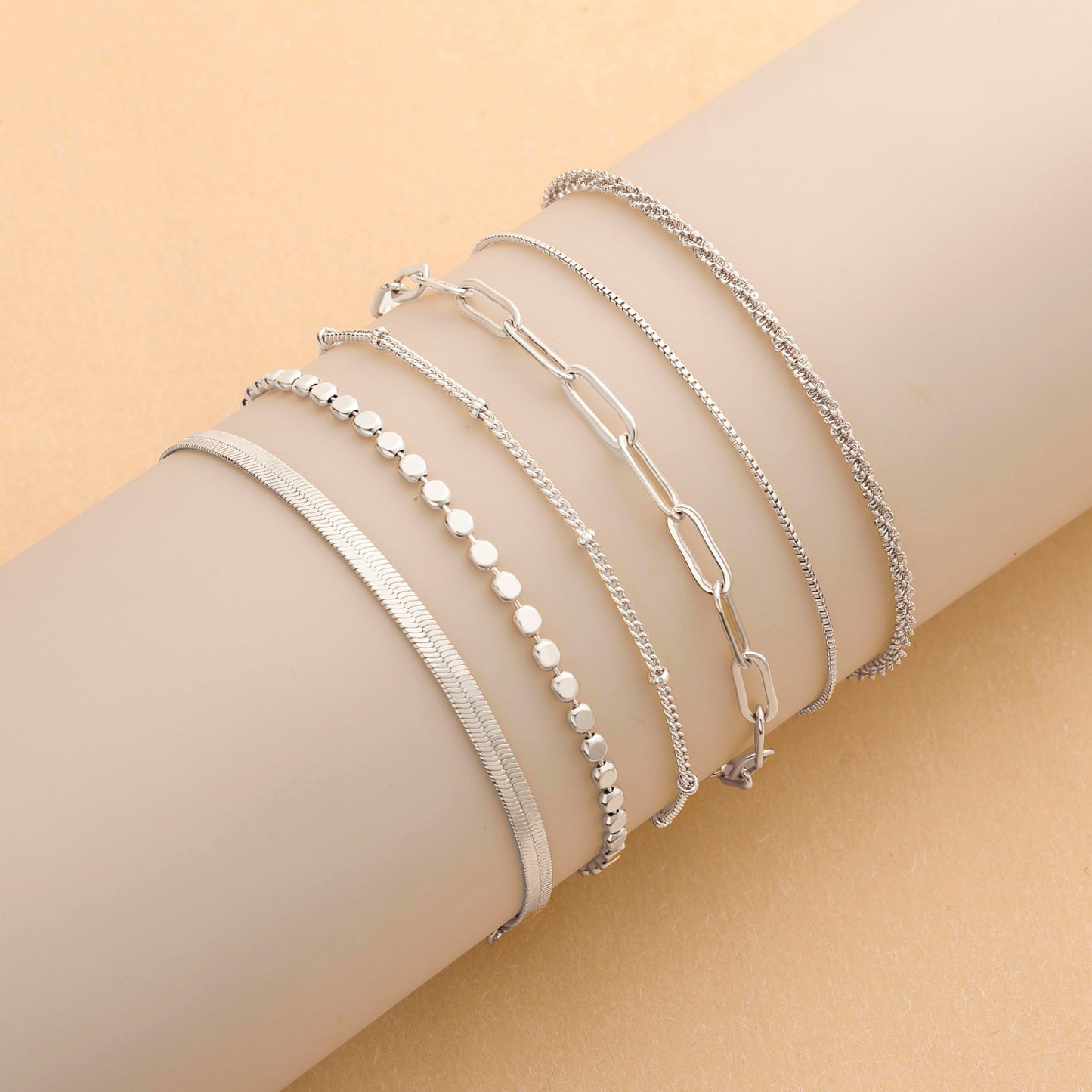 DEARMAY Silver Chain Bracelets for Women, Waterproof Silver Plated Jewelry Set Fashion Stackable Beaded Figaro Herringbone Link Bracelet Trendy Pack Stack Gifts for Women