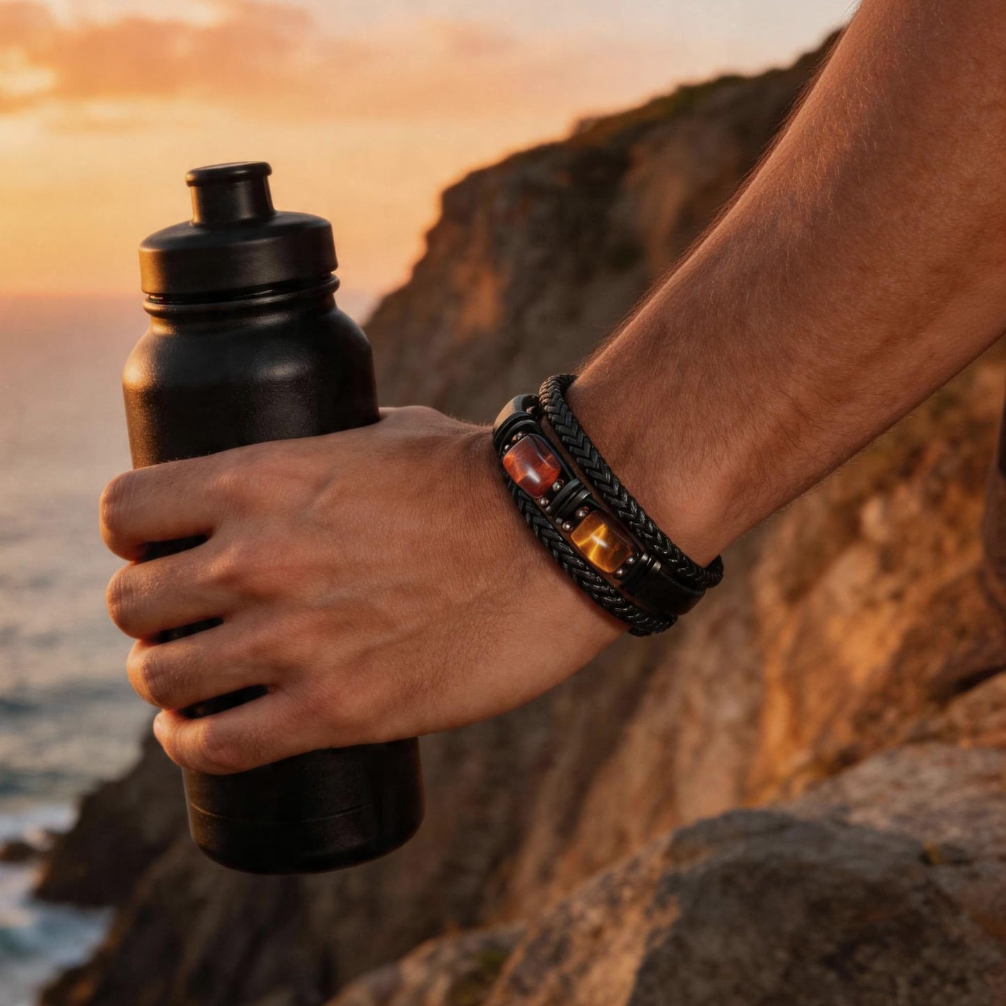 Enjoy Risingsun Tiger Eye Black Leather Bracelet Men Natural Tiger Eye Gemstone Crystal Stone Jewelry Handmade Courage And Stress Relief Protection Bracelet