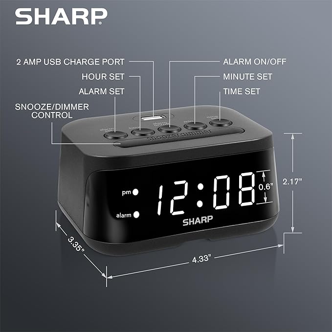 Sharp Digital Alarm Clock with USB 2 AMP Fast Charge Port & White LED Display