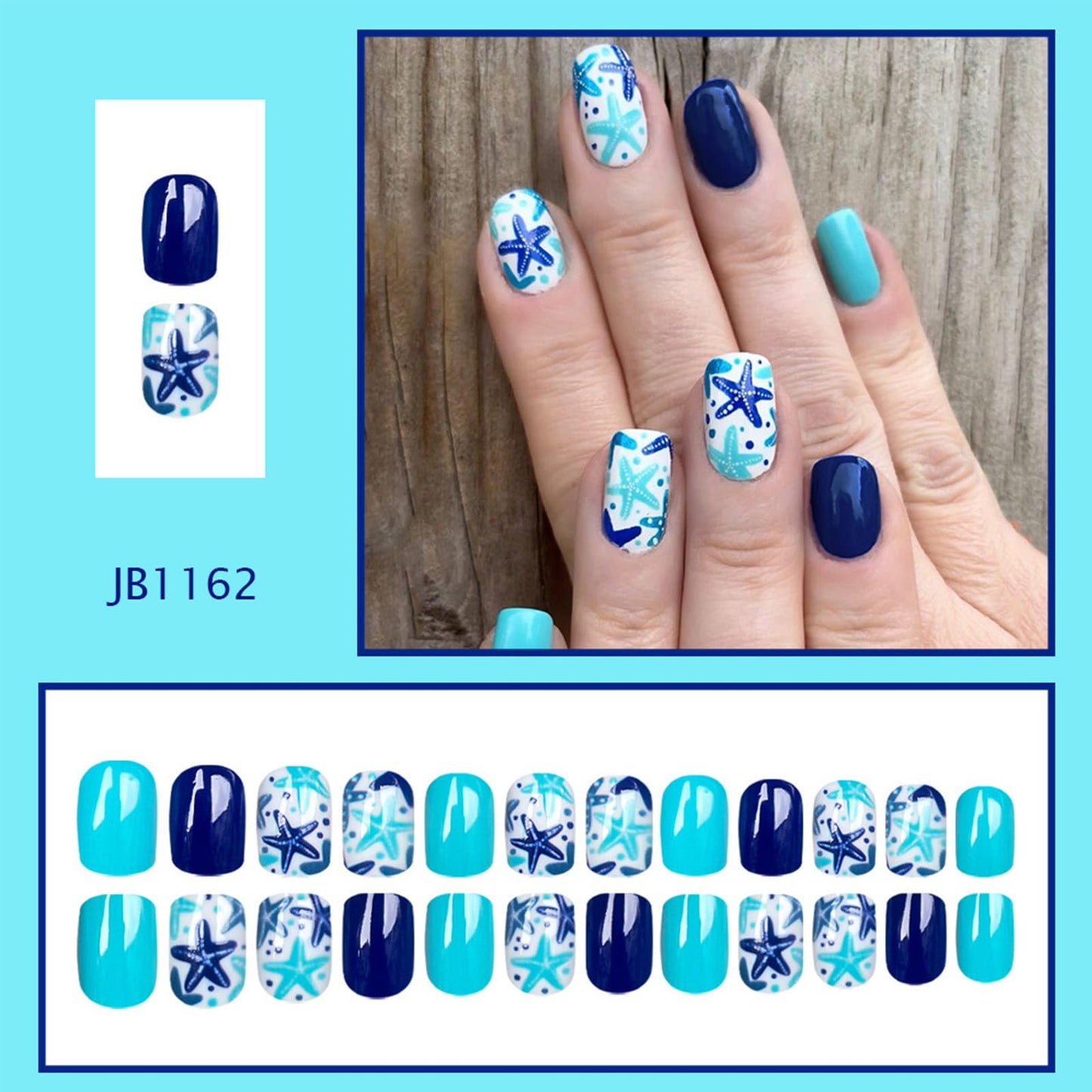 Summer Beach Press on Nails Short Square Cute Fake Nails with Blue Starfish Designs Glossy Acrylic Nails Press ons, 24Pcs Reusable Artificial Stick on Nails for Women Summer Manicure