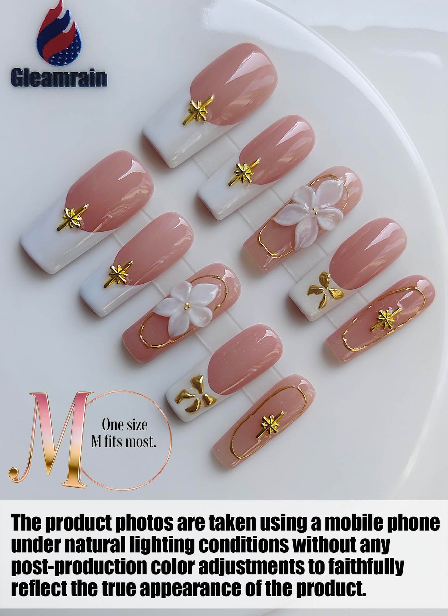 Gleamrain Handmade Press on Nails Long Length Square Shape M Size - 10Pcs - Gleamrain Design 902