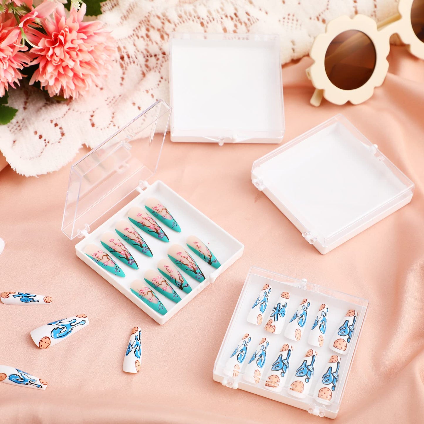 Landhoow 15 Pcs Press On Nail Boxes Nail Display Case with 30 Adhesive Tape, Artificial Press On Nail Container, Acrylic Storage Organizer(White)