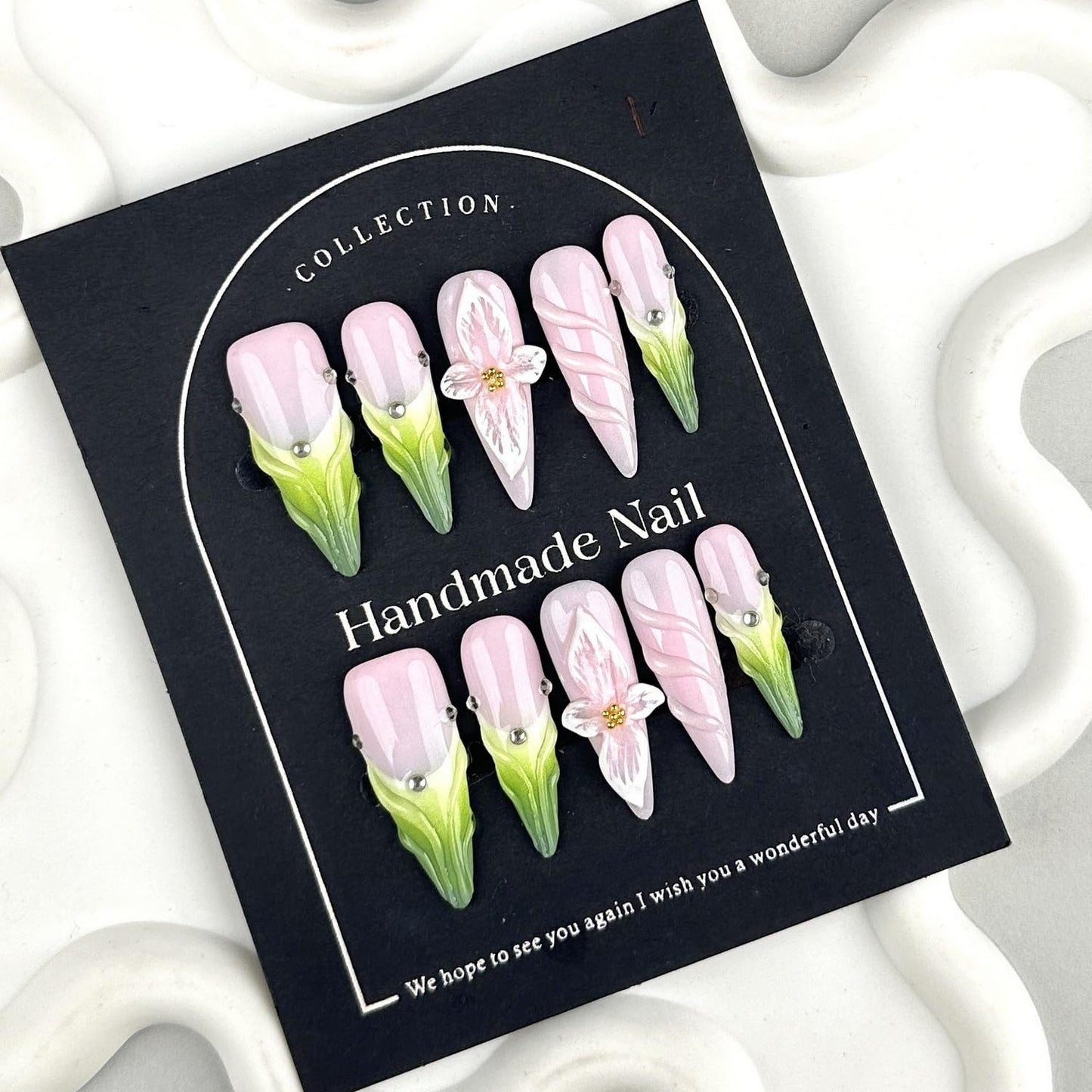 Luxury Press on Nails Long Stiletto Handmade Unique Reusable ABS Material Fake Nails Green French Tip False Nails with Designs 3D Flower Art Petal Glossy Glue on Nails Thick Acrylic Nails(S)