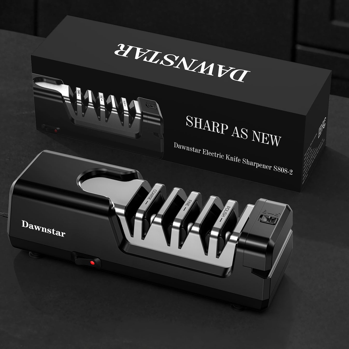 Dawnstar Electric Knife Sharpener, Precise 20° Diamond Knife Sharpener for Kitchen Knives, Quick Repairing in 40 Seconds, with Metal Dust Collection Box & Special Port for Scissors, Black