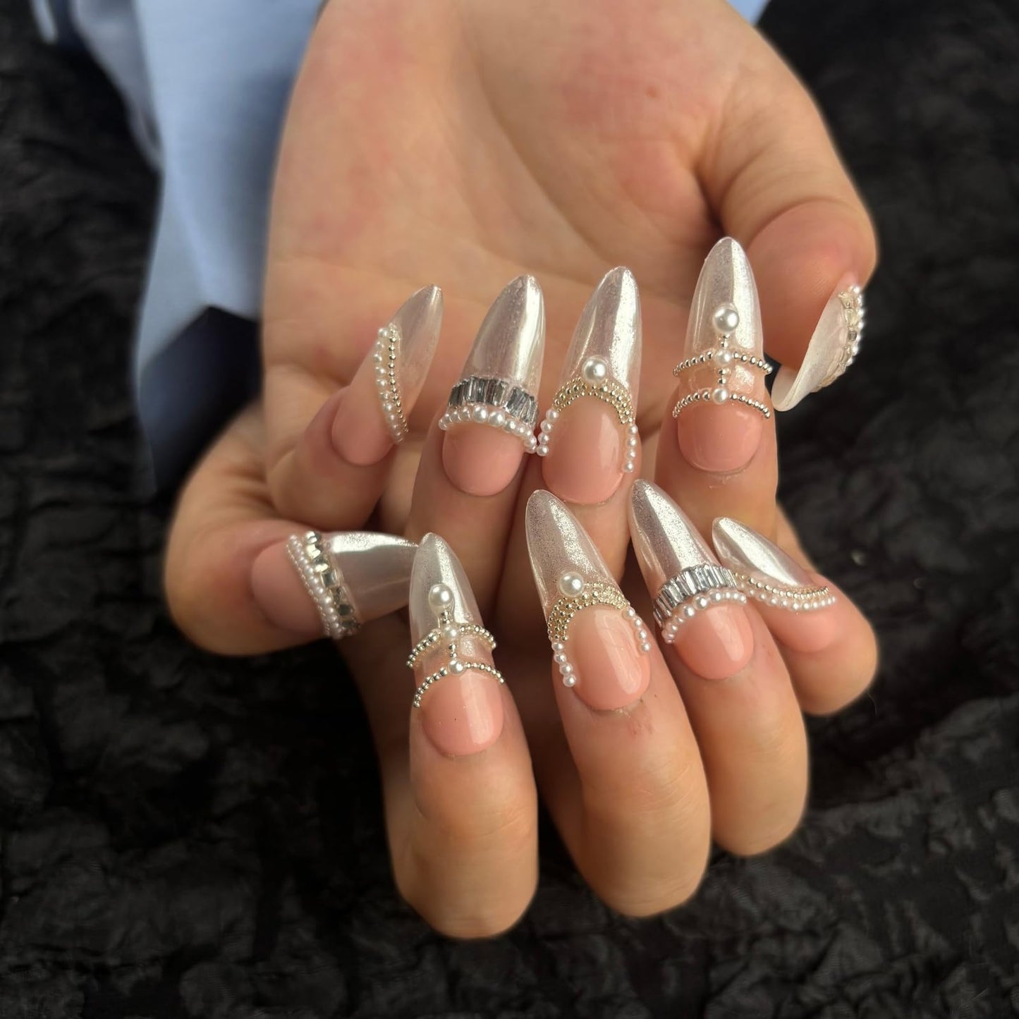 AKA Unicorn Large Trendy Handmade Press On French Nails Medium Almond Shape,10Pcs Thick Acrylic Fake Nails with 3D Pearl Cute Design Clip On Nail for Woman Gift