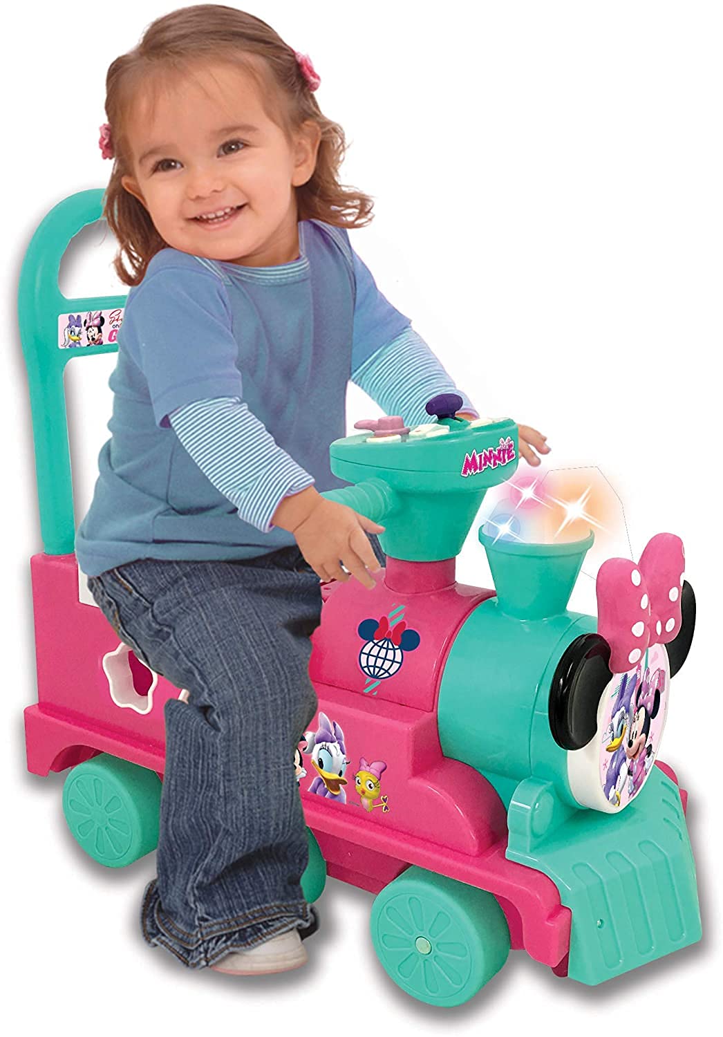 Kiddieland Disney Minnie Mouse Play n' Sort Activity Train Ride-On with Lights, Sounds, Shape Sorter, Storage Seat, Push Handle, Ages 12–36 Months, Toddler Indoor Toy for Motor Skills