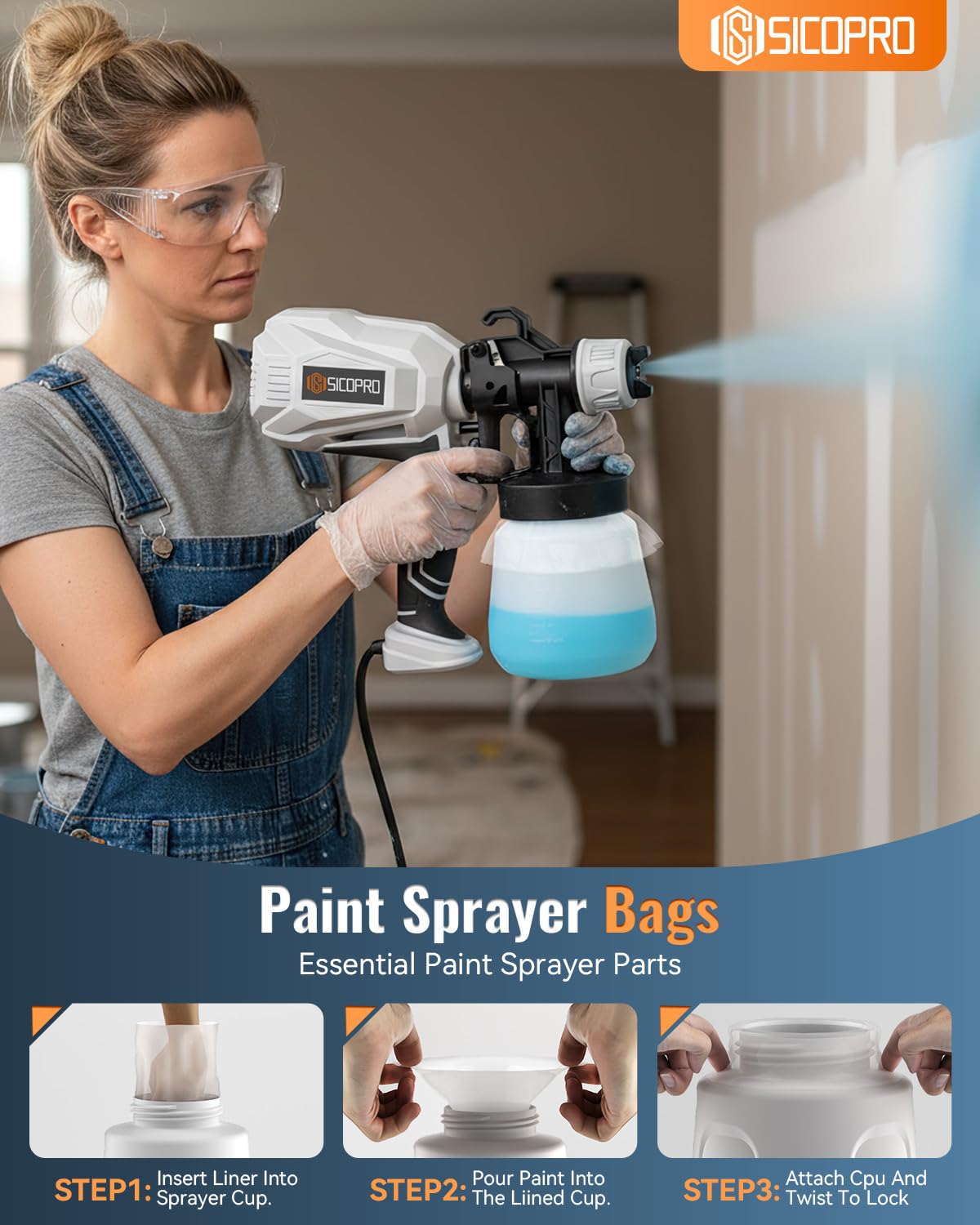 SICOPRO 50 Pcs Paint Sprayer Liners Bags, 7.8'' X 11.3'' Handy Disposable Paint Spray Gun Cup Liners,Transparent Sprayer Cup Liners, Sprayer Accessory