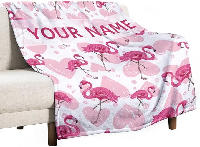 Custom Flamingo Blanket Gifts with Name - 40 x 50 Inches Cute Flamingo Throw for Girls - Light Pink Fuzzy Fluffy Plush Blankets for Sofa