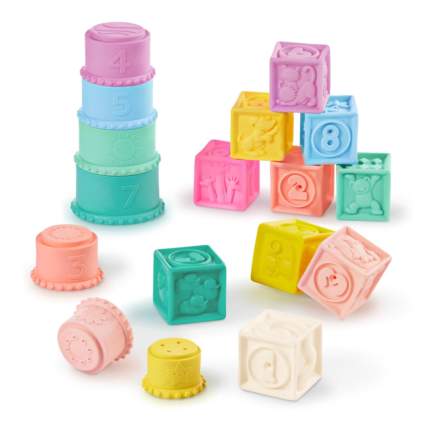 B. toys – Sensory Baby Toys – Soft Baby Blocks – Stacking Drip Cups – Numbers, Shapes & Animals – 6+ Months – Stackin' Squishies
