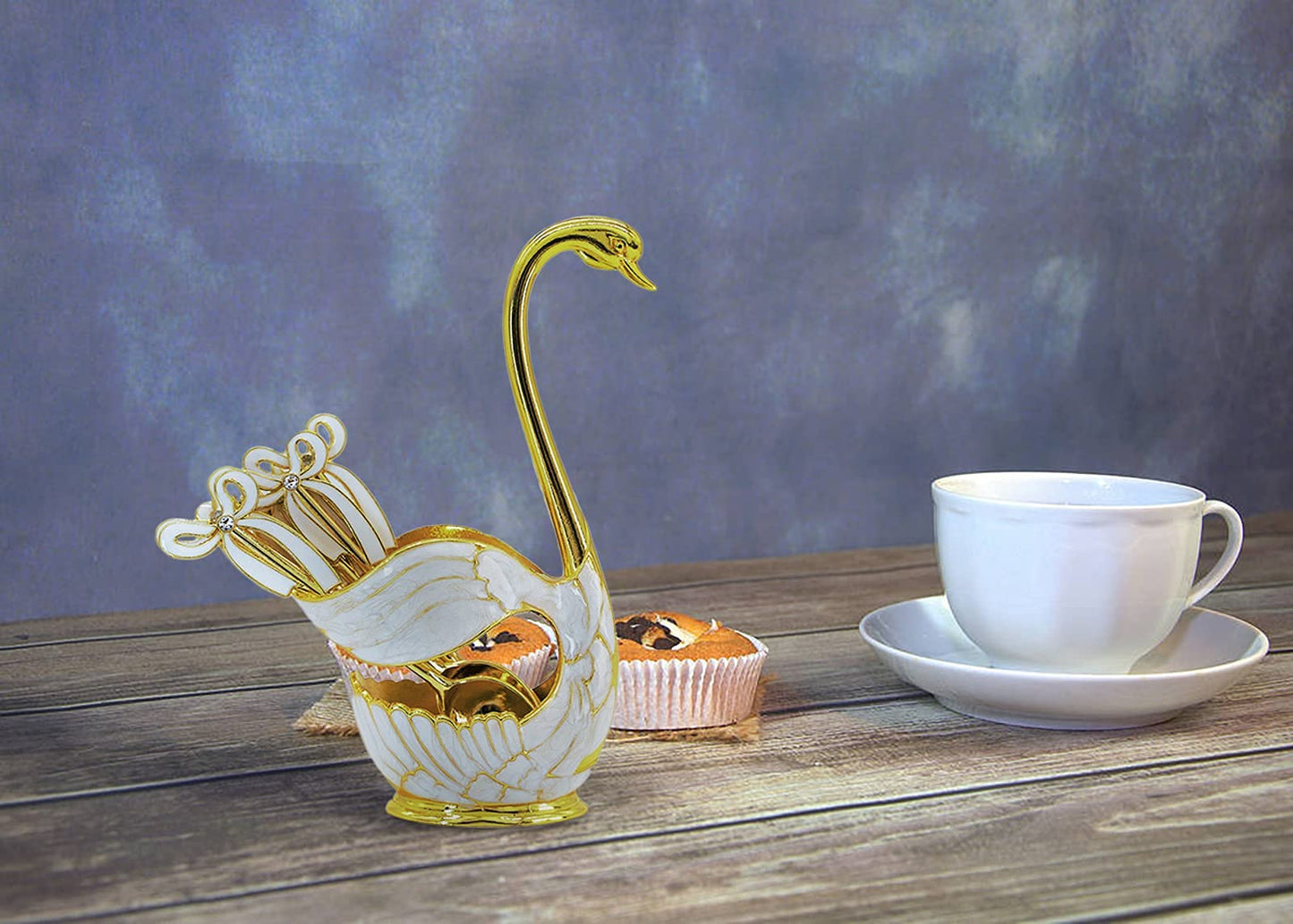 Coffee Dessert Spoon Fork Set, Swan Base Holder with 3 Spoons and 3 Forks, Coffee Dessert Sugar Flatware for Fruit Dessert Stirring Sugar Ice Cream (Gold)