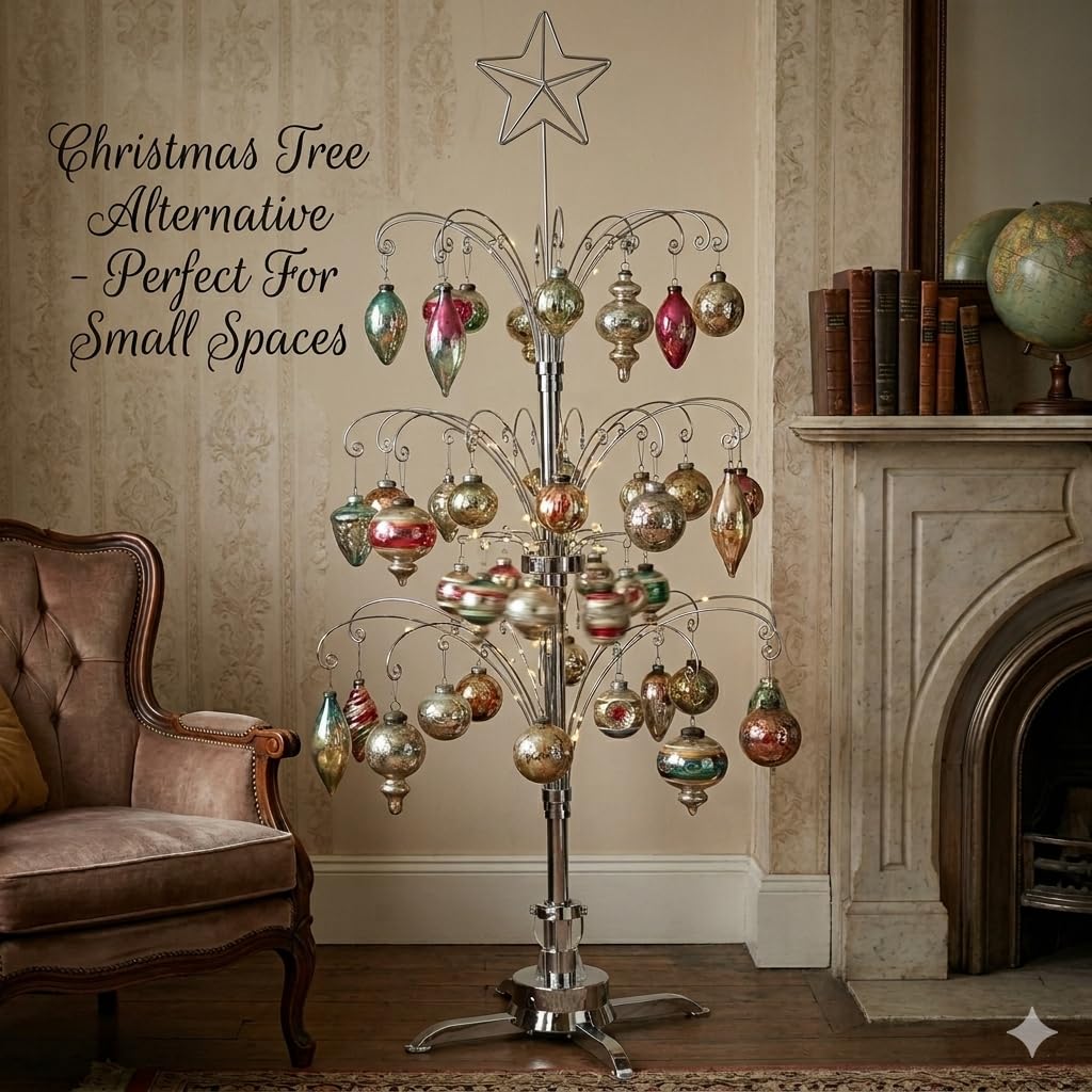 HOHIYA 47" Rotating Ornament Display Tree with 60 Hooks Heavy Duty Metal Christmas Ornament Stand Silver Rotating Display Rack for Glass Ornaments Holiday Decor Craft Show & Year Round Display