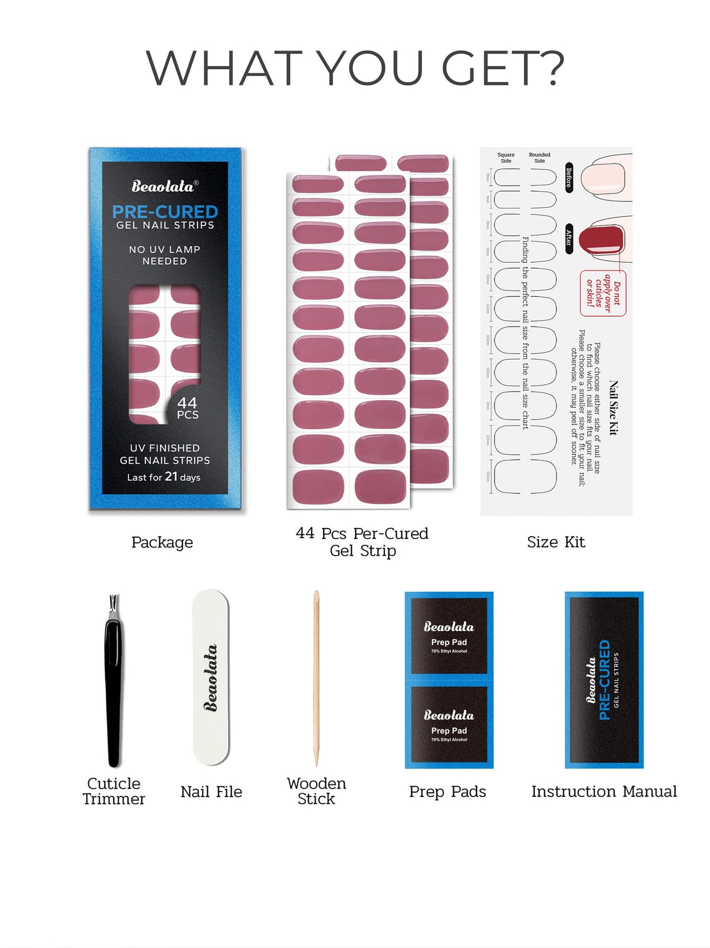 Beaolata Real Gel Nail Strips (No UV Light Needed) - 44Pcs Salon Quality Nail Stickers - Long Lasting Polish Wraps for Women, Easy Apply & Remove (Sultry Purple)
