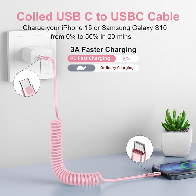 USB C to C Cable 3FT for Car, Coiled USB C Fast Charging Cable for iPhone 17/16/15, 2Pack Type C Cord for iPhone 15/Plus/Pro/Pro Max/Samsung Galaxy S23-Pink