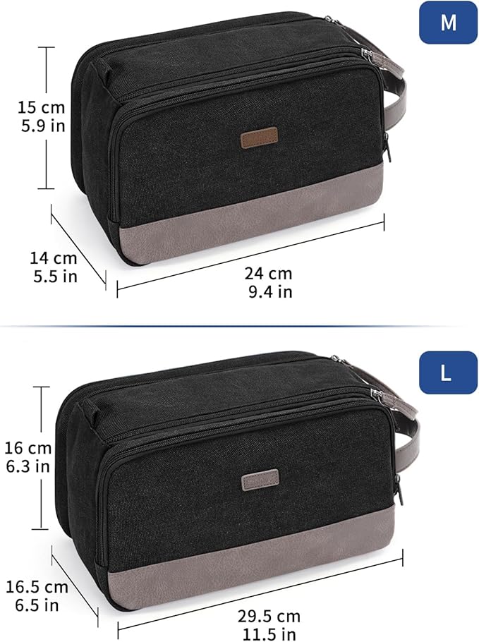 WANDF Toiletry Bag for Men Travel Toiletry Organizer Canvas and Leather Dopp Kit Water-Resistant Shaving Bag for Travel Accessories (Black, Medium)