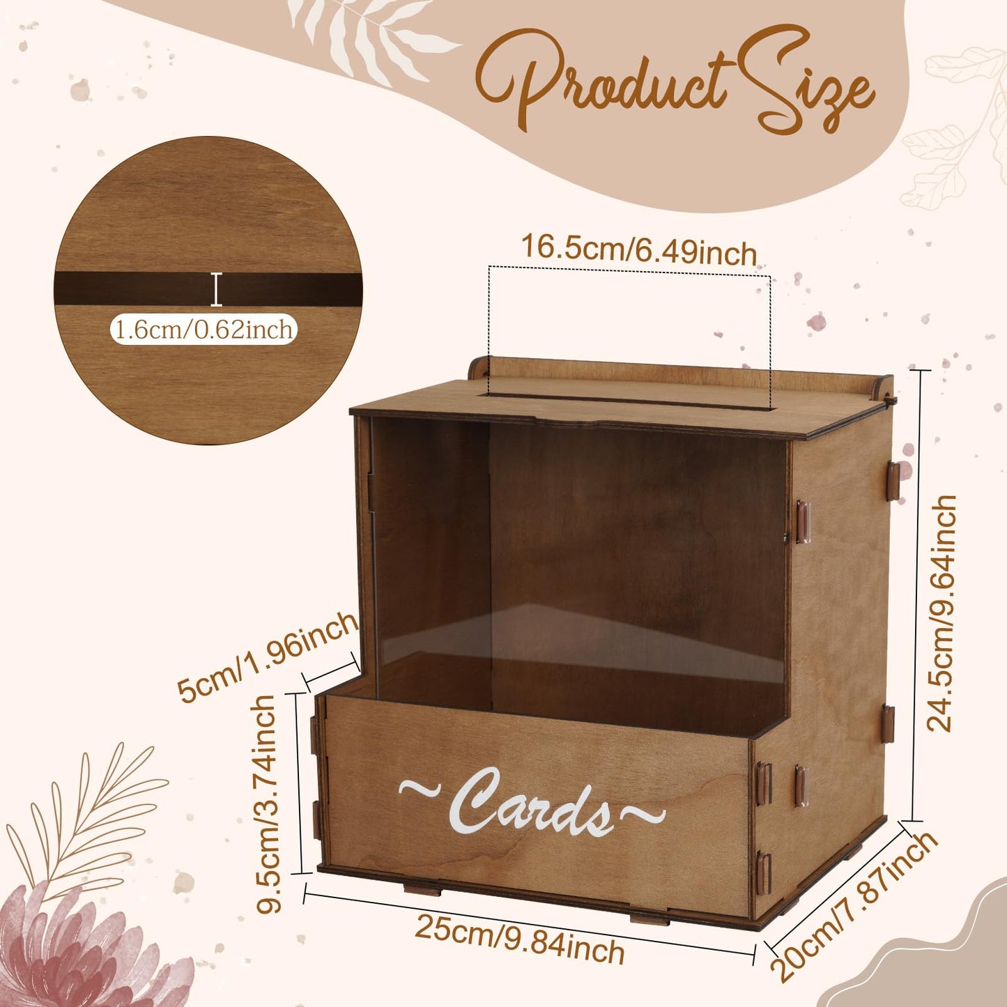OurWarm Wooden Wedding Card Box with Flower Trough, Brown Gift Card Box for Wedding with Acrylic Board, Wedding Card Boxes for Reception Rustic Wedding Decor for Graduation Baby Showers Birthday Party