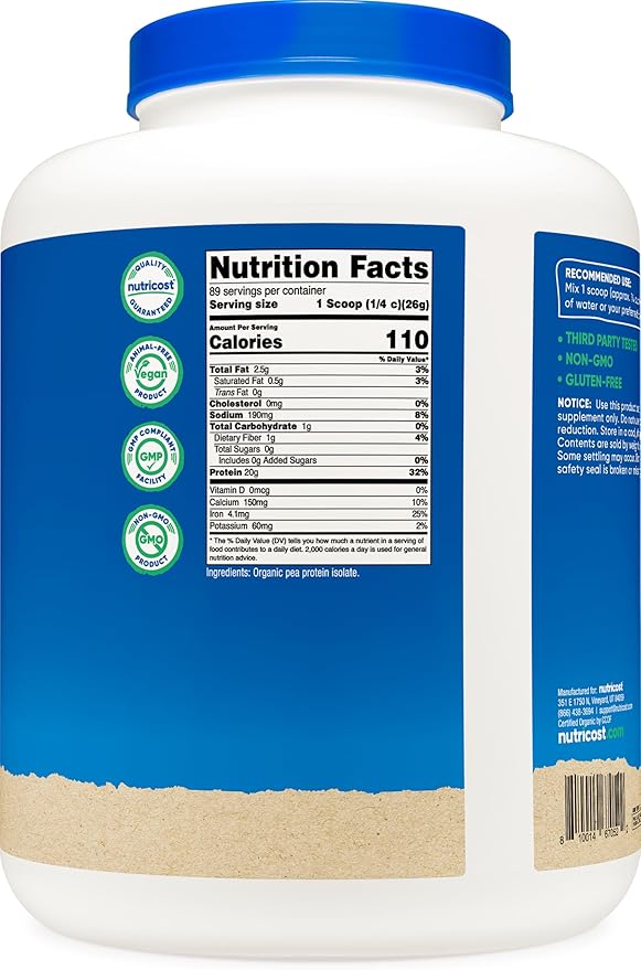 Nutricost Organic Pea Protein Isolate Powder (5LBS) - Unflavored, Certified USDA Organic, Protein from Plants, Vegetarian Friendly, Gluten Free, Non-GMO