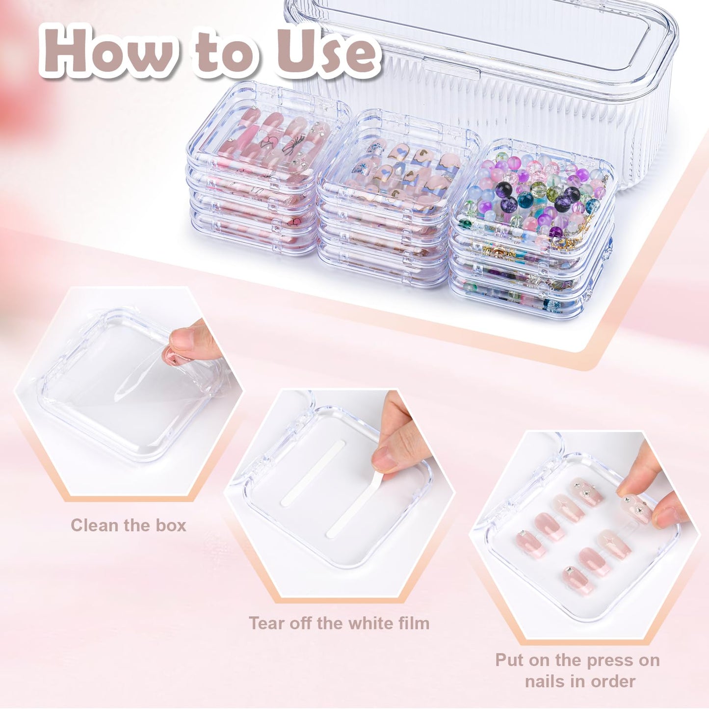 LONTOHCE Press On Nail Orgnizer 12pcs 3.3inch Clear nail storage box and 1 large storage box for Press On Nail Packaging and fake Nail Storage Nail Display with double sided tape.