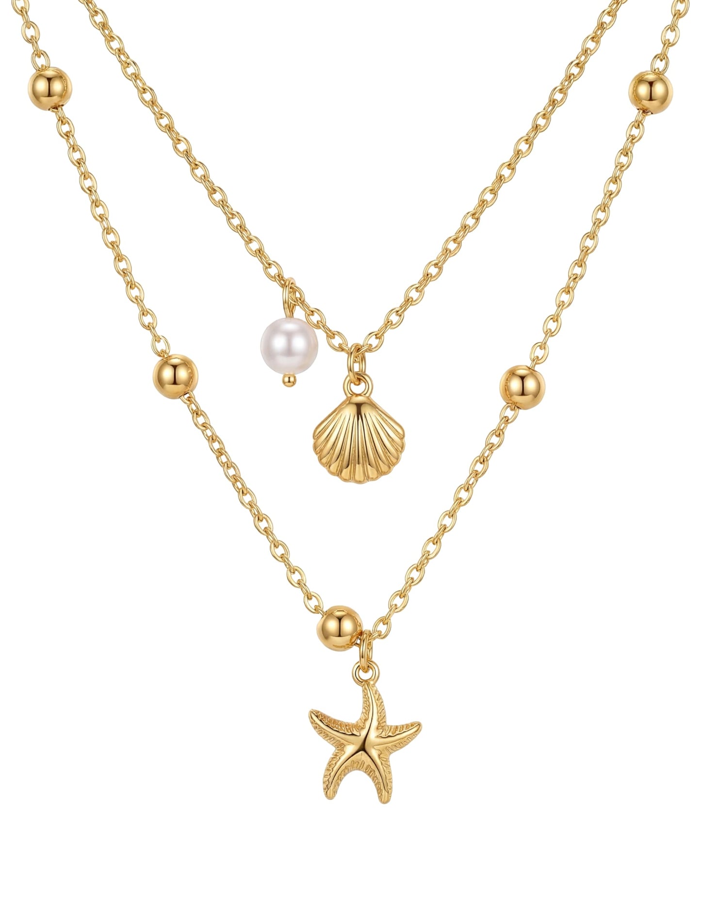LOYALLOOK Shell Starfish Necklace for Women, 14k Gold Plated Dainty Layered SeaShell Starfish Charm Necklace Stack, Non Tarnish Waterproof Gold Beach Accessories for Summer Vacation ZZ