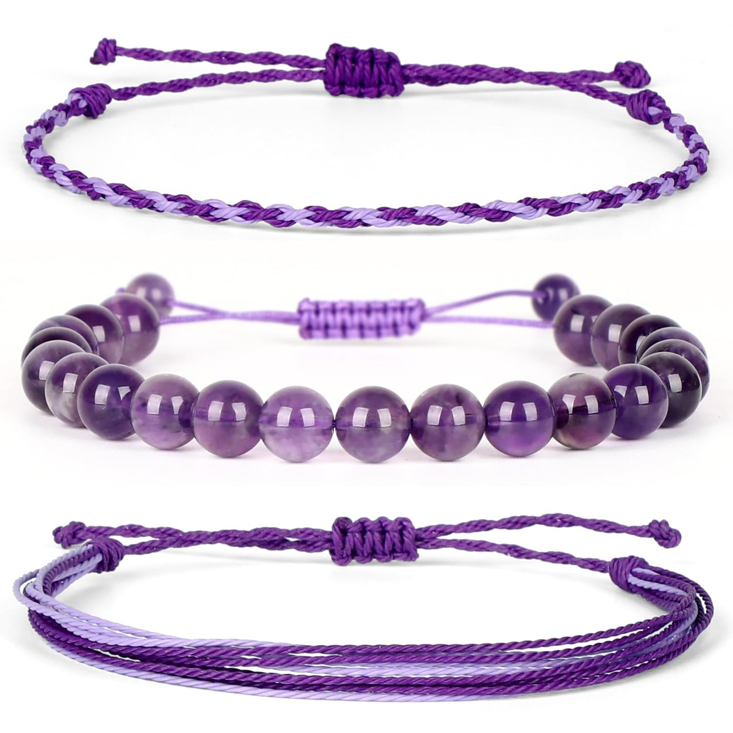 QOGIR Handmade Healing Stones Bracelets,8mm Natural Amethyst Beaded Bracelets,for Men Women Gifts with 2PCS Size Adjustable Rope Bracelets