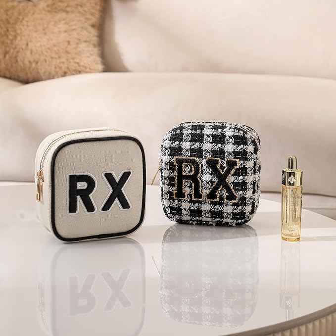 Small Canvas Rx Medicine Packages, Cute Chenille Letter Patch Drug Makeup Bag with Metal Zipper, Mini Travel First Aid Purse Organizer Machine Washable (01Beige)