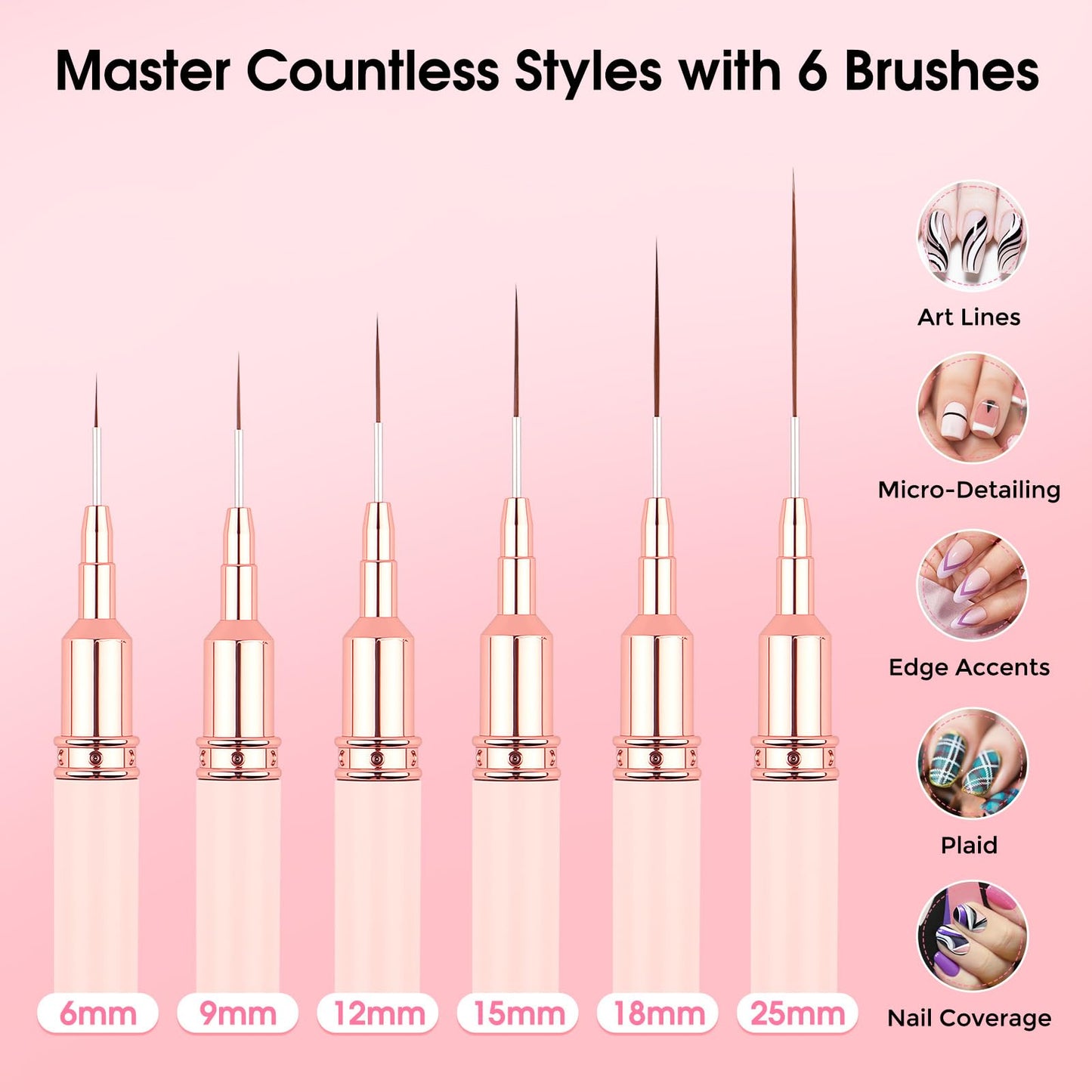 Ipencillo Nail Art Brushes, 6 Pcs Nail Liner Brushes and 6 Pcs Nail Brushes Set for Nail Art Design, Nail Brushes for Nail Art Lines, Nail Art Brushes with Cap