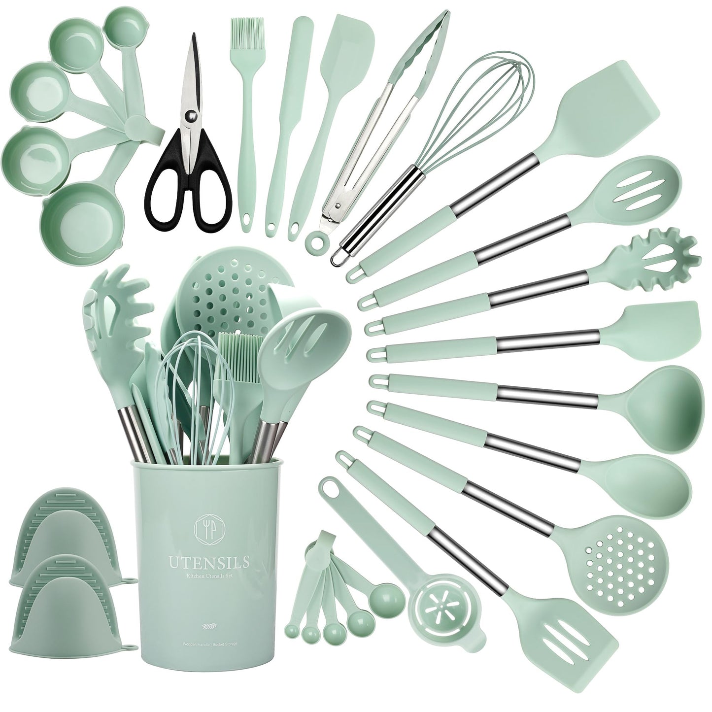 QMVESS Silicone Cooking Utensils Set, 28 Pcs Non-Stick Kitchen Utensils Set with Holder, 446°F Heat Resistant Spatula, Tongs, Spoons Set with Stainless Steel Handle Kitchen Gadgets (Light Green)