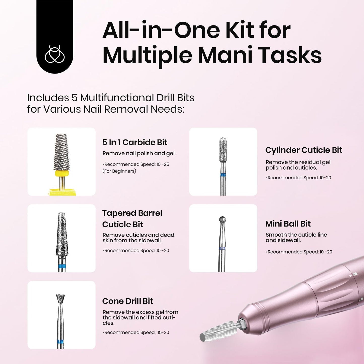 Beetles Electric Nail Drill Cordless, 35 Adjustable Speeds Portable Nail Drill Rose Gold Long Battery Life Polishing Set Professional Nails Machine Kit Manicure Pedicure Tools for Home Salon Use