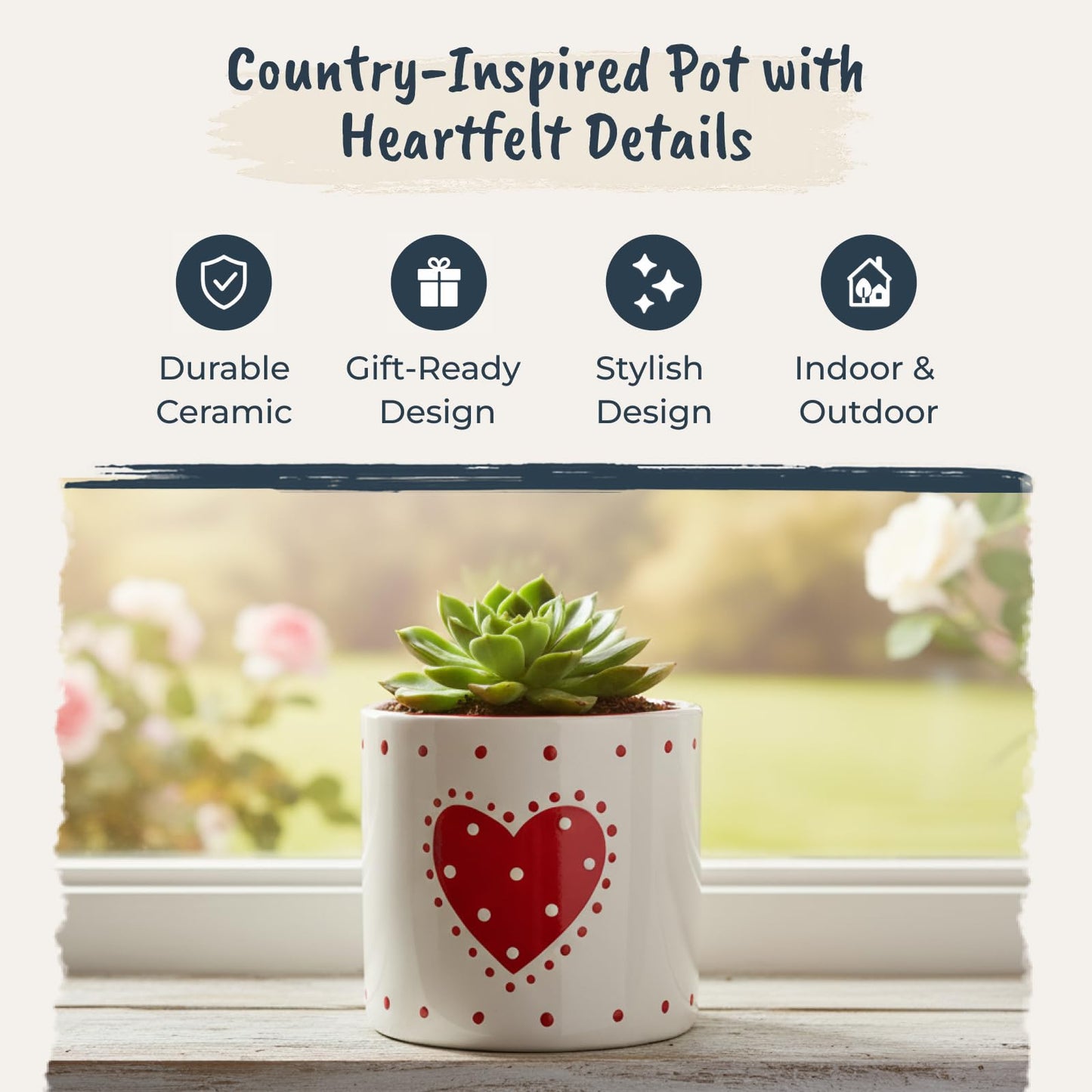 Blue Sky Clayworks Red Country Heart 4'' Flower Pot, Cherry Dot Charm for Tiny Greens