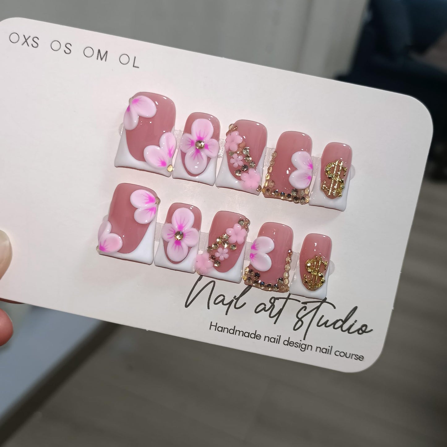 TENPAL Duckbill Press on Nails - White Pink 3D Floral French Tip Fake Nails with Rhinestones | Icy Glossy False Nails with Tools| Handmade Soft Gel Y2K Duck Nails(S)