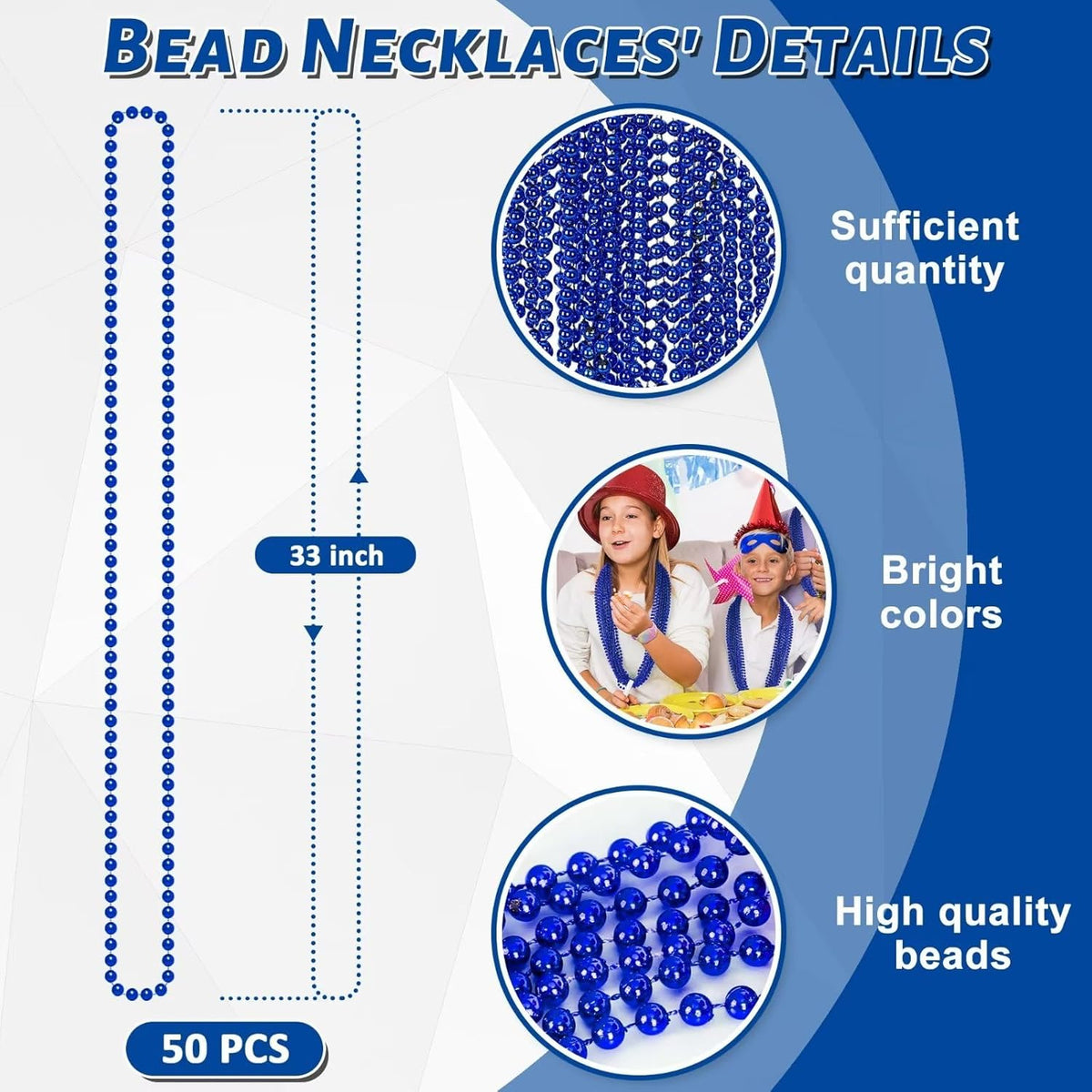 Blue Bead Necklaces 50 Pack | 33" Mardi Gras Christmas Party Throw Beads for Parades, Weddings & Festivals