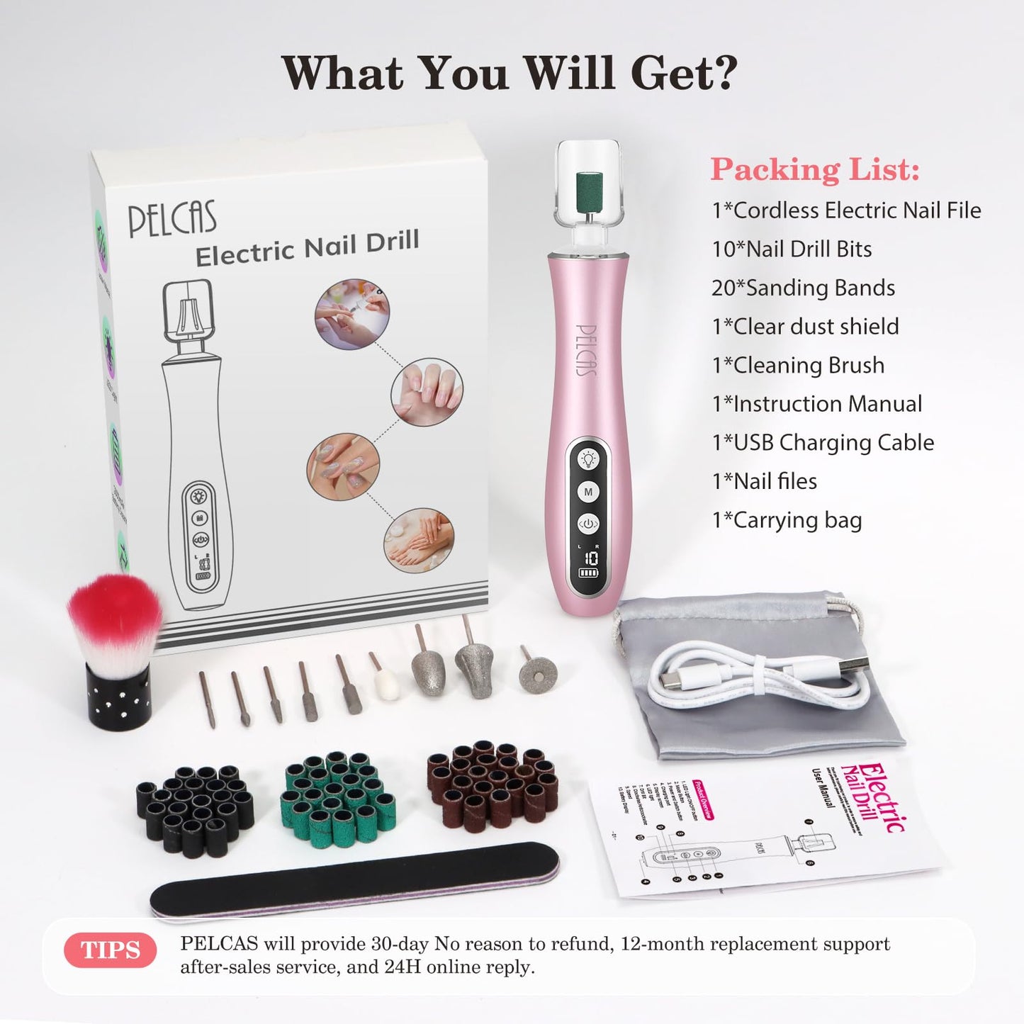PELCAS Electric Nail File, 10 Speeds Cordless Nail Drill Kit with LED Light, Professional Nail Grinder with LCD Screen Portable e File for Human, Pet, Thick Toenails, Natural & Acrylic Nails Pink