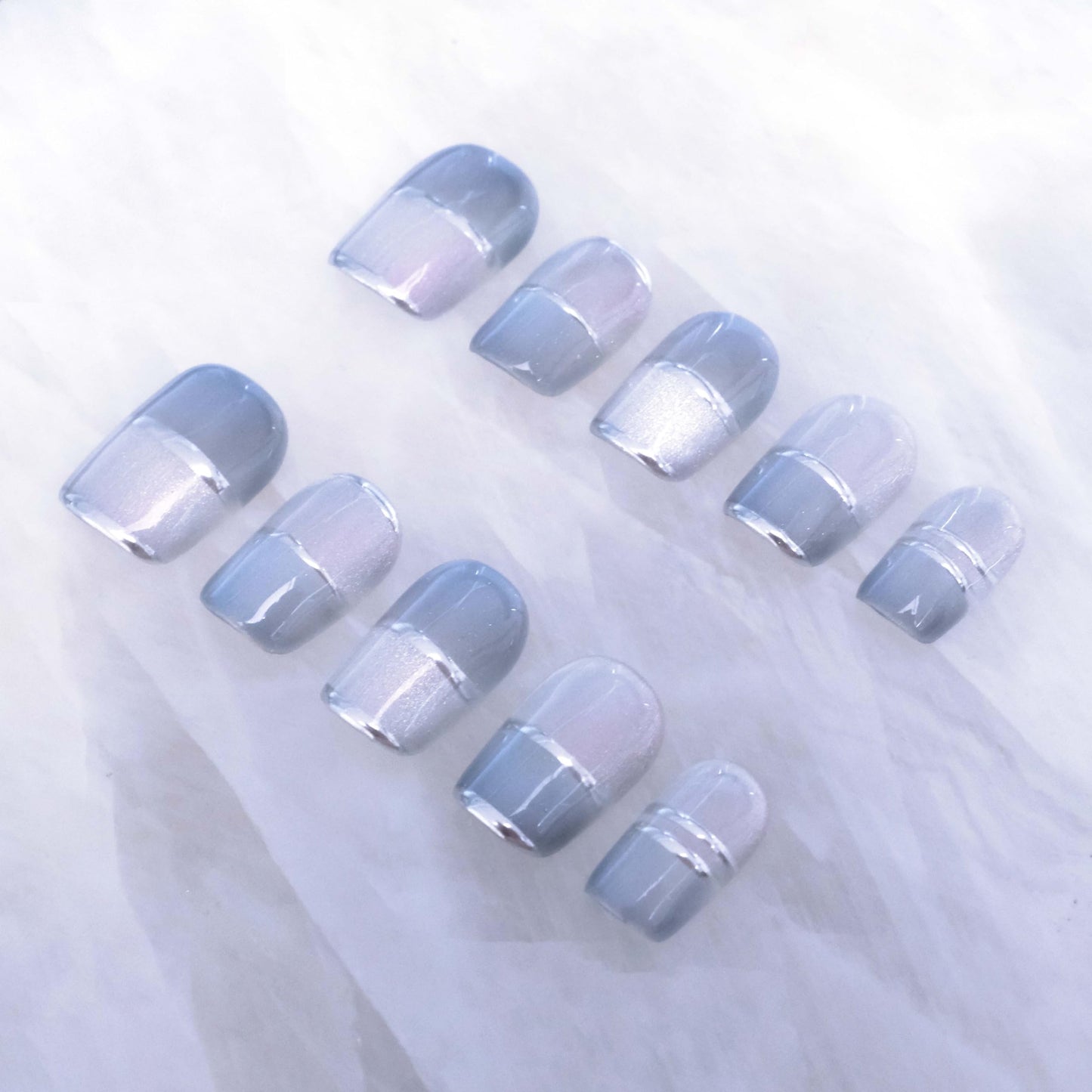 Aurora Blue Cat Eye Press on Nails, Short Square, Chrome Patchwork Design, Handmade Fake Nails for Women, 10 Pieces (XS Size, SS)