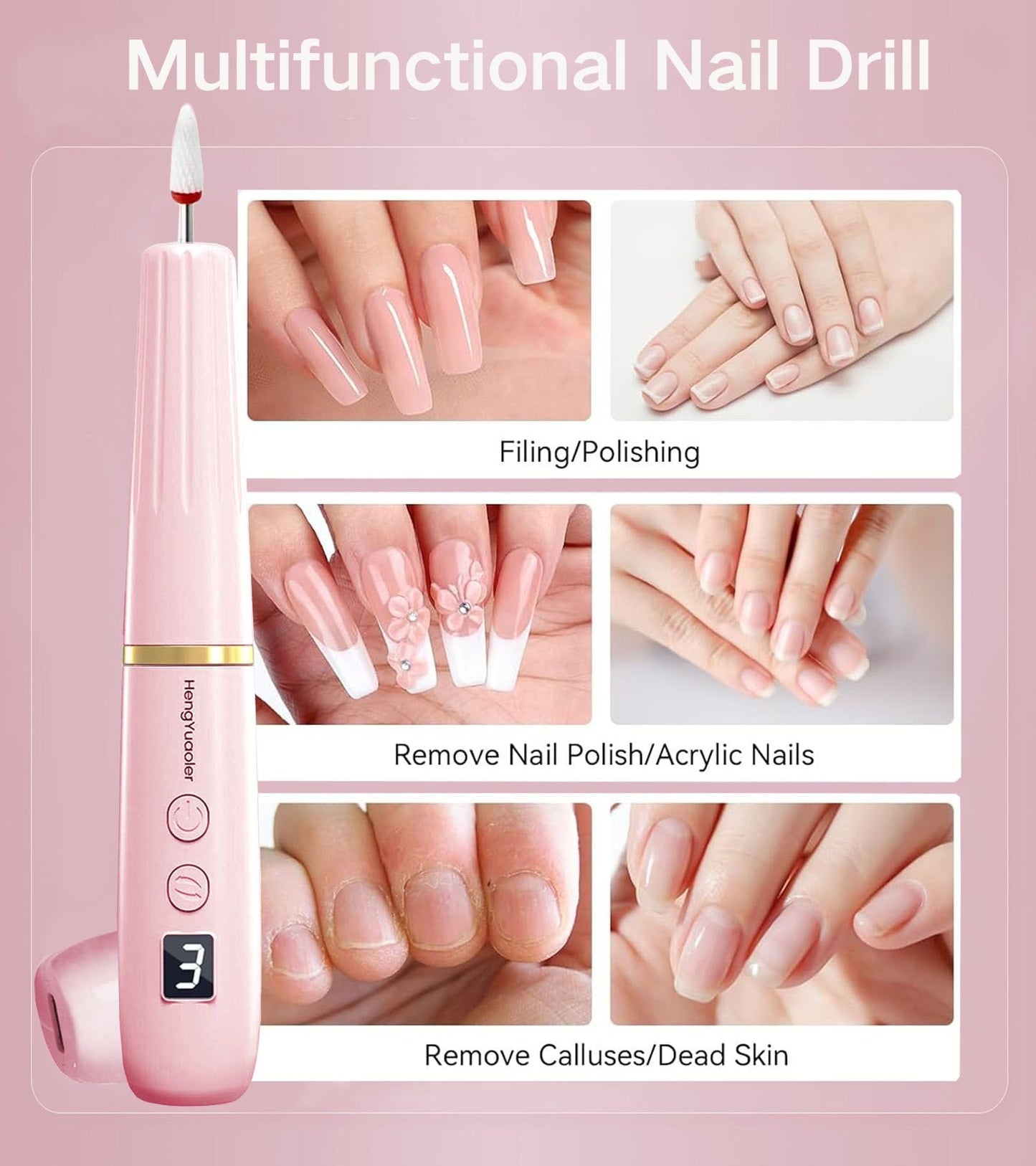 HengYuaoler Electric Nail Drill Machine File Efile Set for Acrylic Gel Nails Portable Nail Drill Machine Kit Rechargeable Pedicure Tools for Hand Feet Manicure Pedicure Tools Polishing Set (Pink)