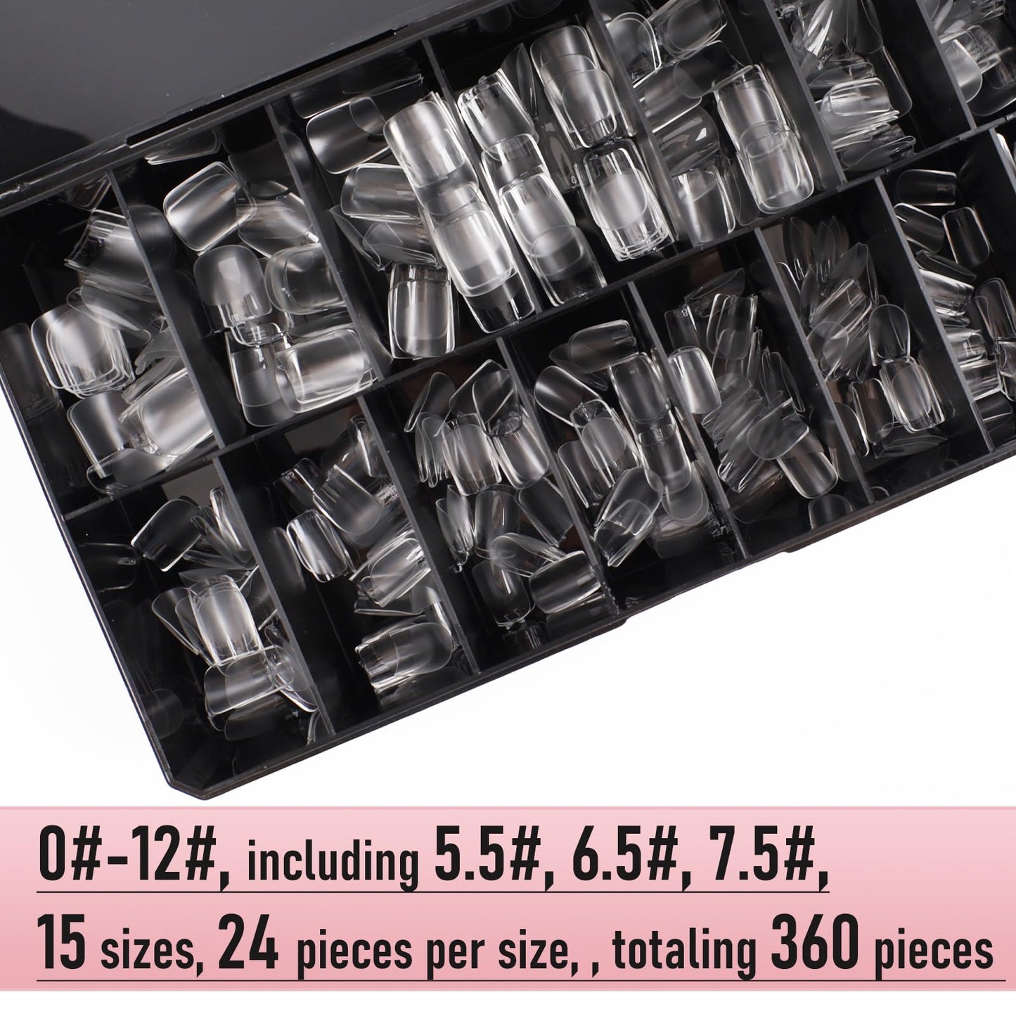 Wellquinn Square Nail Tips Extra Short Thicken Soft Gel Nails Pre-etched XS Clear Full Cover Press on Acrylic Fake Nail Extension for Manicure Salon Home DIY 360Pcs 15 Sizes Black Box Collection