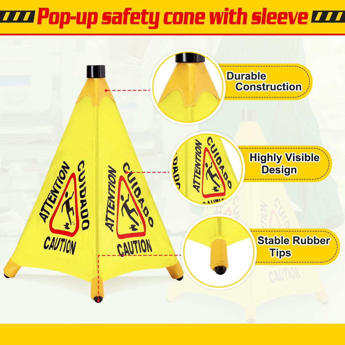 12 Pcs Pop up Wet Floor Sign with Storage Tube 20 Inch Wet Safety Signs Commercial Caution Safety Cone Pop up Caution Sign for Commercial Stores Grocery Restaurant Restroom Office Use (12 Count)