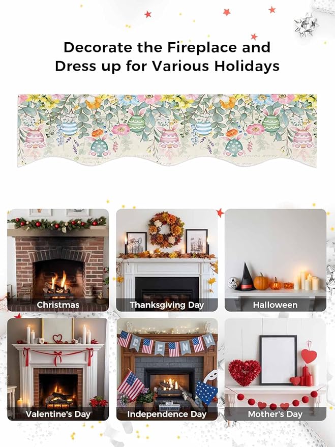 Easter Fireplace Mantel Scarf Table Runner, Spring Colorful Eggs Eucalyptus Leaves Floral Winter Garland Mantel Top Tablerunners Dresser Scarves Cover for Windows Party Living Room 70''x17''