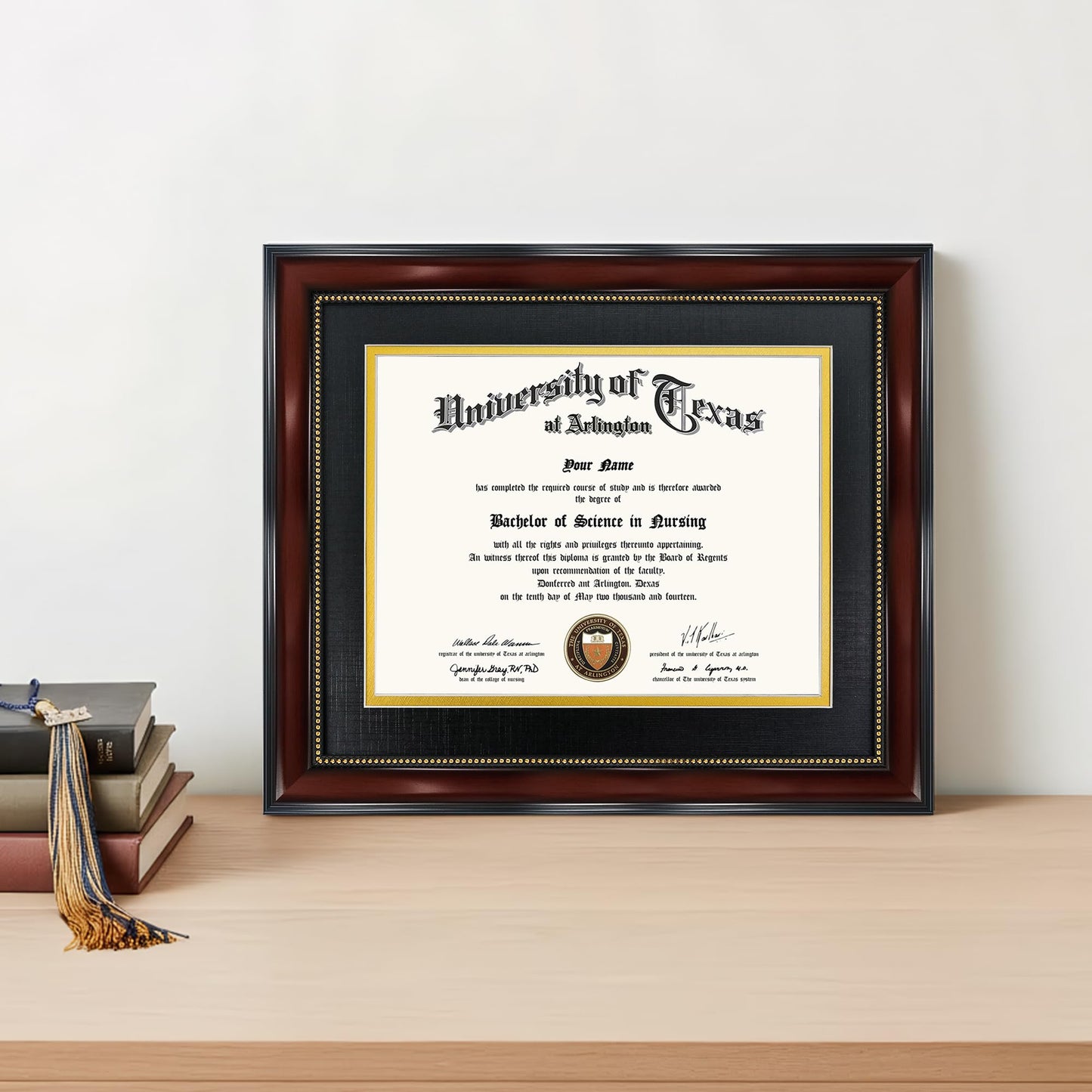 GraduationMall 8.5x11 Diploma Frame with Black over Gold Mat or Display 11x14 Document without Mat, UV Protection Acrylic, Mahogany with Gold Beads
