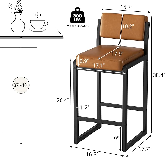 Bar Stools Set of 5, Faux Leather Counter Height Bar Stools with High Back and Metal Legs, Upholstered Bar Chairs, 26" Modern Barstools for Kitchen Island, Caramel